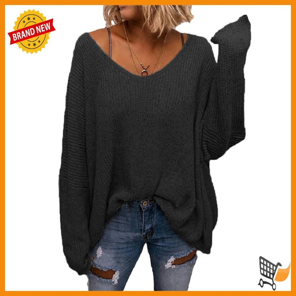 Oversized V-Neck Sweater Top Long Sleeve Waffle Knit Loose Fit